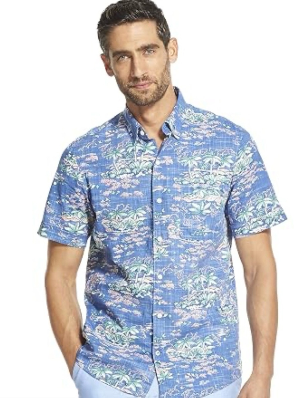 Cotton IZOD Men's Blue Tropical Print Short Sleeve Shirt